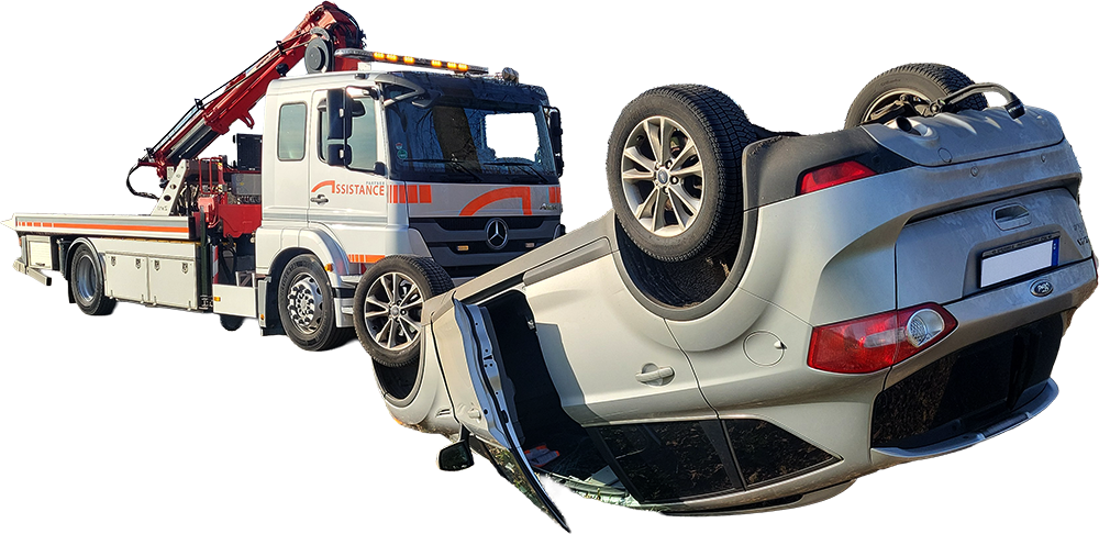 Auf transparentem Hintergrund liegt ein Fahrzeug auf dem Dach, dahinter steht ein Abschleppfahrzeug von AMF.