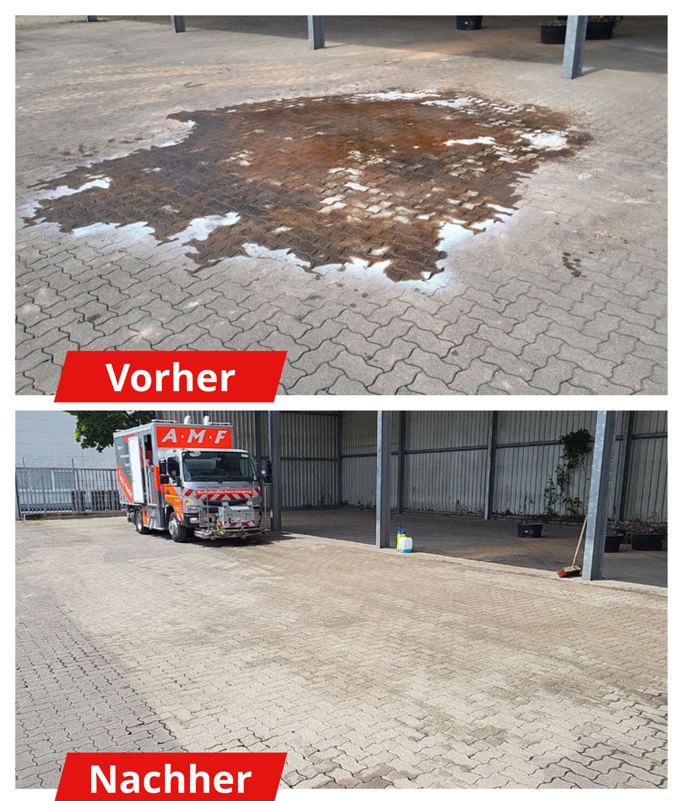 amf-verkehrsflaechenreinigung_1 Vorher-Nachher Bild einer mit Öl verunreinigten Fläche.