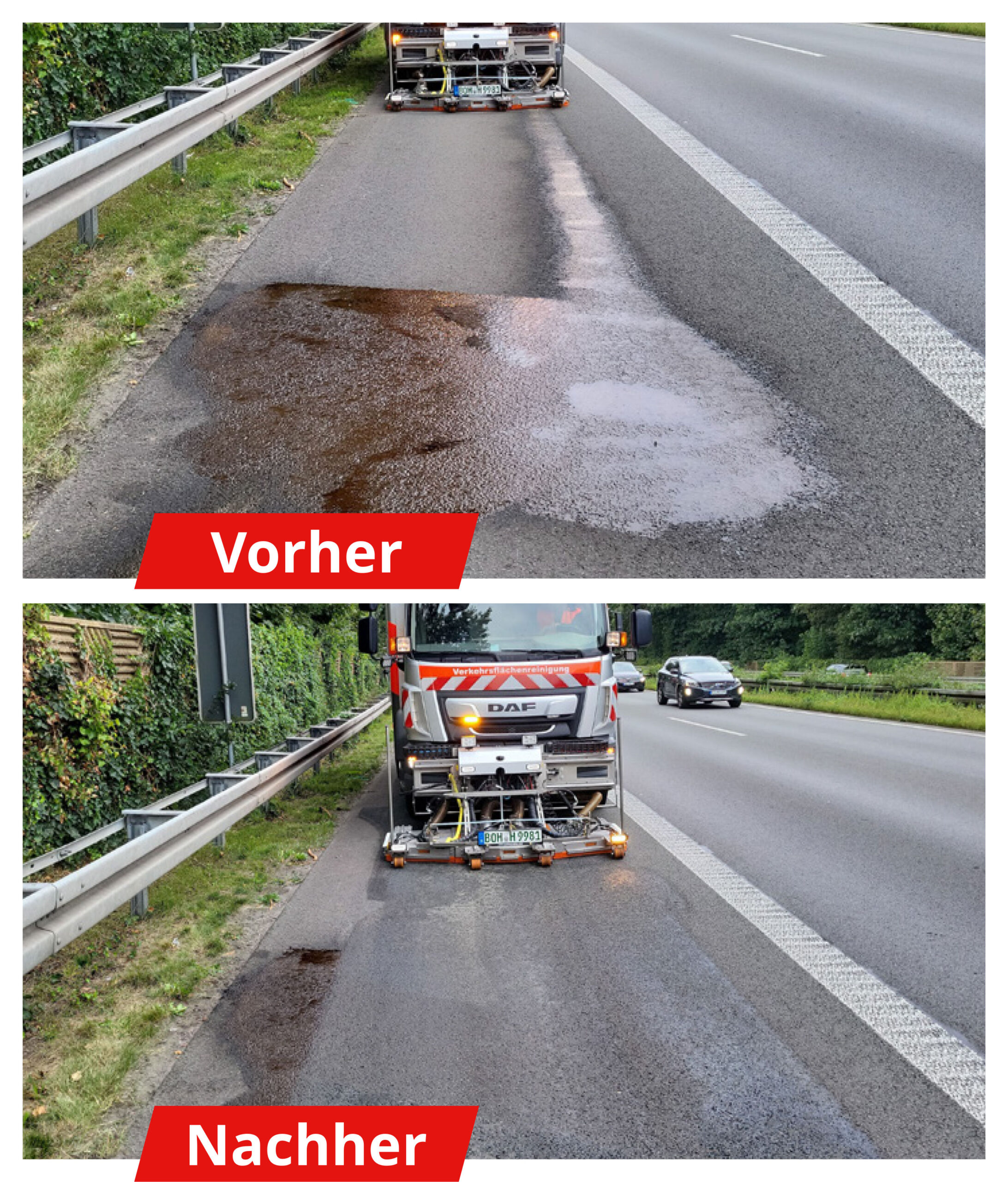 amf-verkehrsflaechenreinigung_2 Vorher-Nachher Bild eine Ölfläche auf dem Seitenstreifen einer Autobahn.